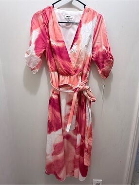 DKNY Pink and White Tie-Dye Wrap Midi Dress